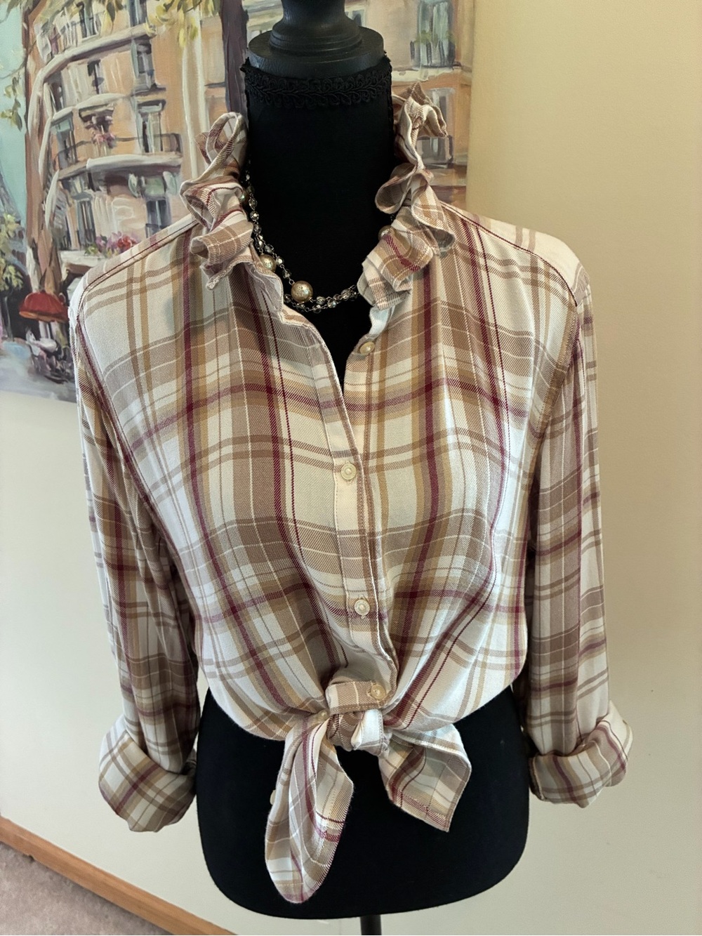 Ralph Lauren Plaid Ruffle Collar Button-Down Shirt in Ivory, Tan & Burgundy